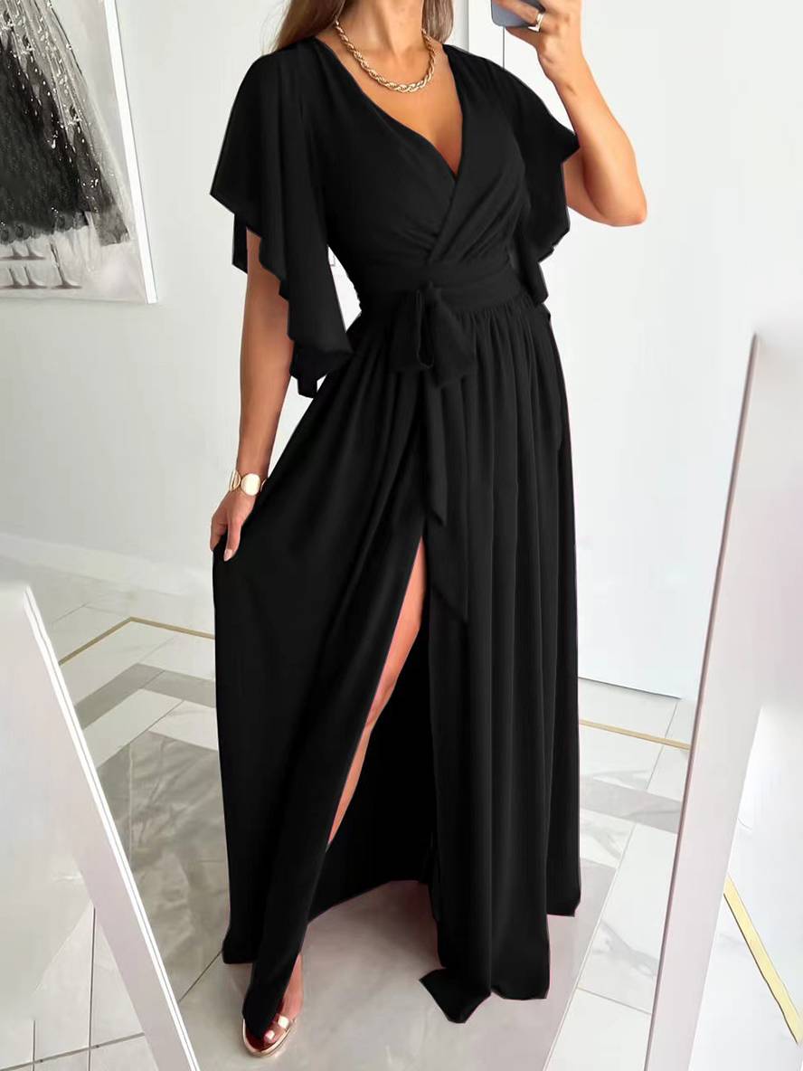 Elegantní Maxi Večerní Šaty s Bočním Rozparkem pro Ženy – Volný Střih s Výstřihem do V a Krátkými Rukávy