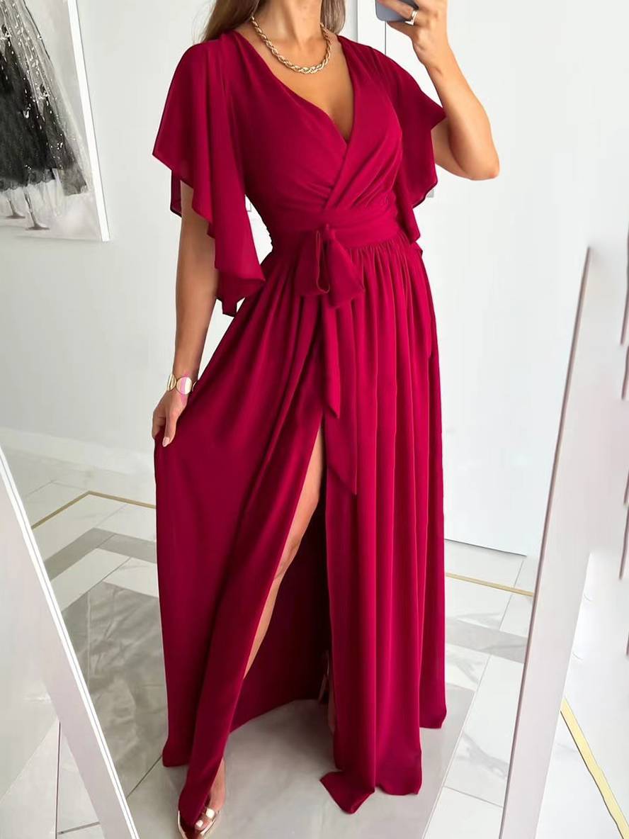Elegantní Maxi Večerní Šaty s Bočním Rozparkem pro Ženy – Volný Střih s Výstřihem do V a Krátkými Rukávy