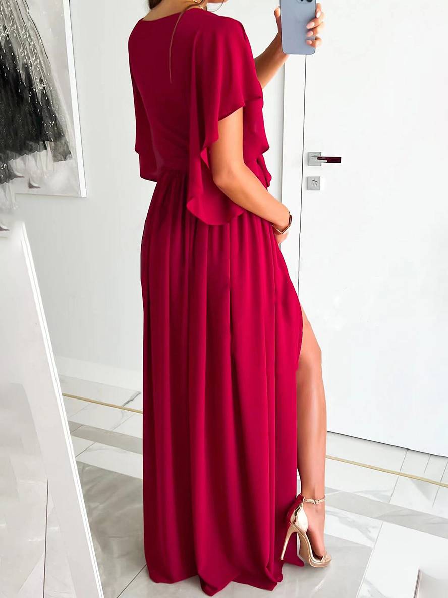 Elegantní Maxi Večerní Šaty s Bočním Rozparkem pro Ženy – Volný Střih s Výstřihem do V a Krátkými Rukávy