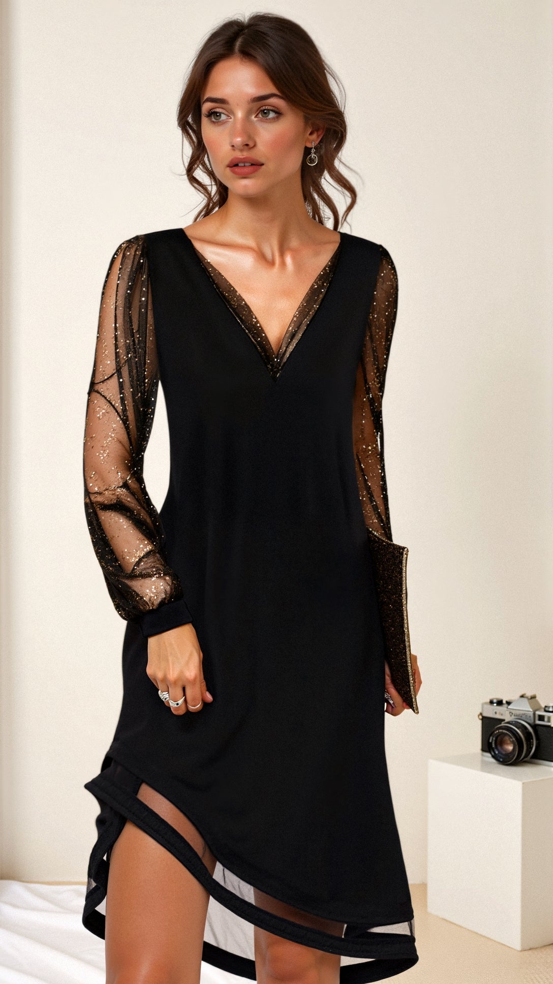 Elegantní černé večerní šaty pro ženy – Midi s výstřihem do V a flitry ve glamour stylu